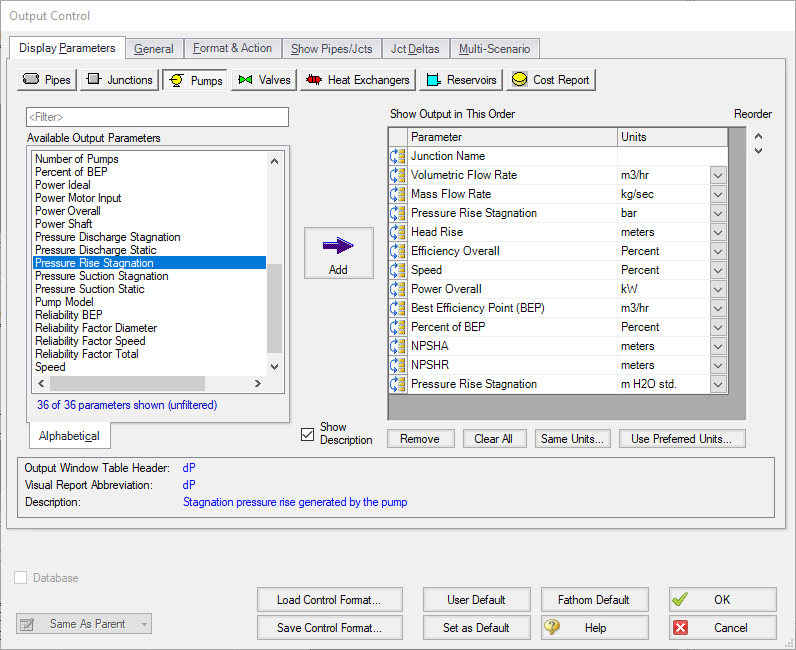 The Pumps section of the Output Control window.